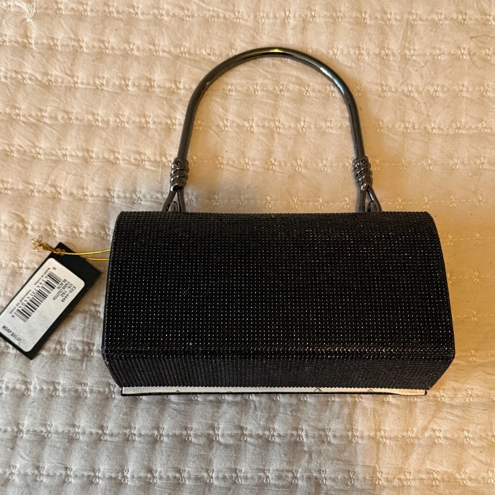 Bebe Black Sparkly Handbag w/ Rhinestone Logo, 5" Metal Handle + Silver Chain - Picture 6 of 10